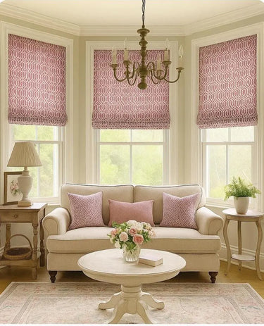 Modern mauve lattice print cotton Roman blinds and cushions – stylish geometric fabric for curtains, pillows, and interior design.
